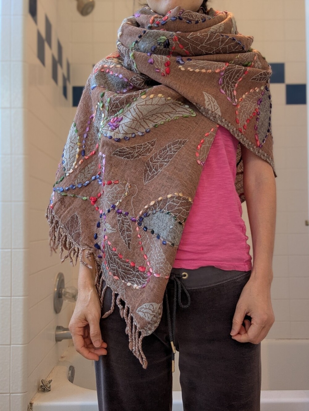 NWOT 100% Boiled Wool Brown Hand Embroidered Shawl Scarf